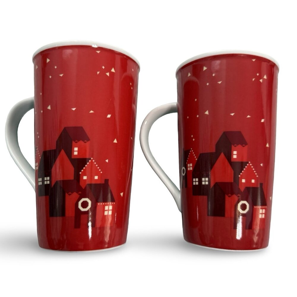 Starbucks 2013 Holiday Village Tall Coffee Mugs Two 16oz Christmas Red White‎